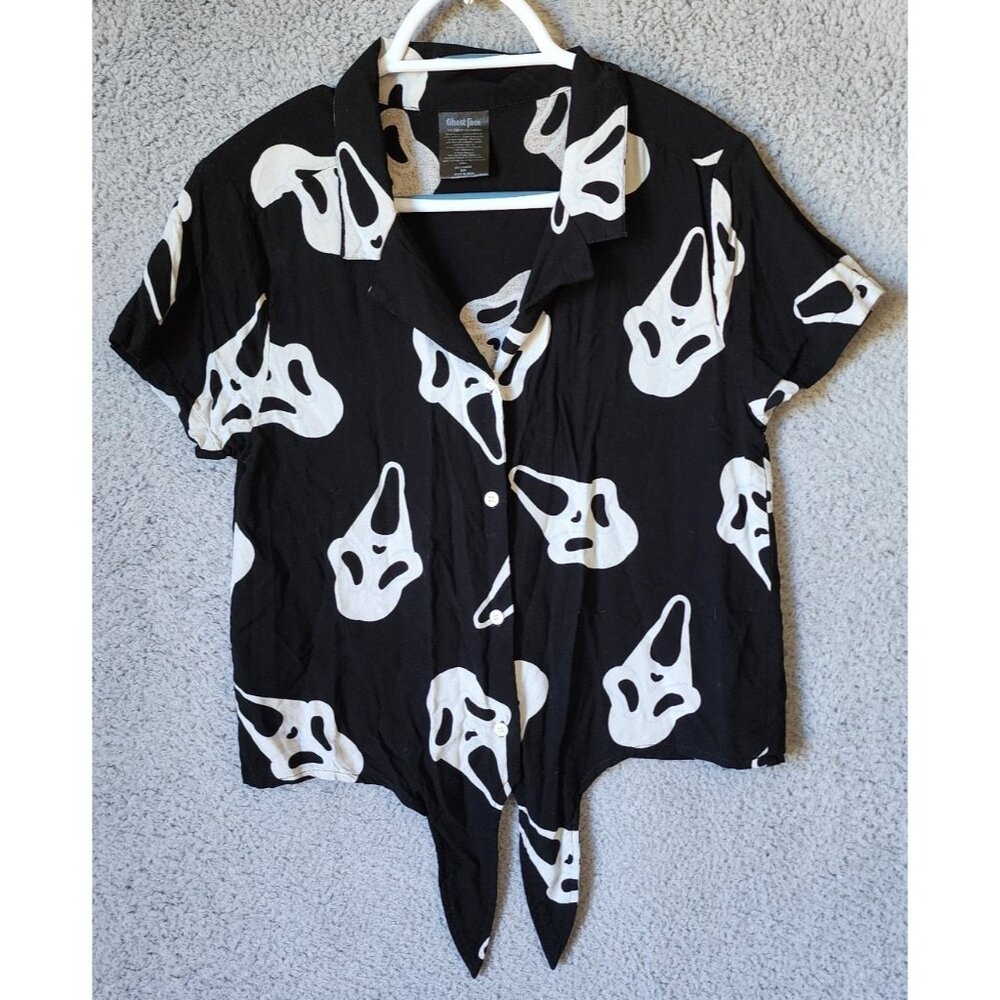 Spirit Halloween Ghost‎ Face Women's M Short Sleeve Button Up Tie Front Top Rare